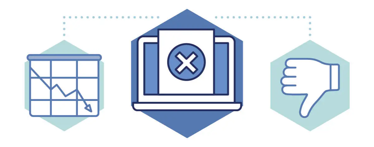 a graphic designed by Marketing Queen depicts a chart with an arrow pointing downward, a laptop with an "X" displayed on its screen and a thumb pointing downward