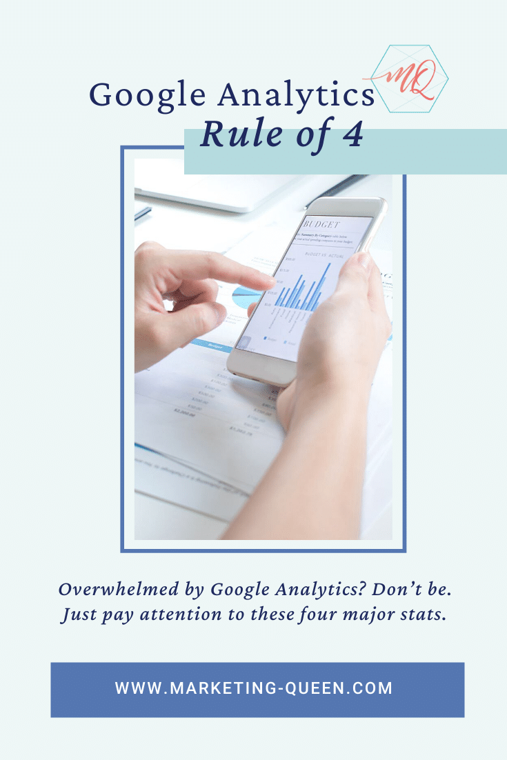 A woman holds a smartphone in the side view and is seriously analyzing the graph of google analytics. Text overlays the image that reads "Google Analytics Rule of 4."