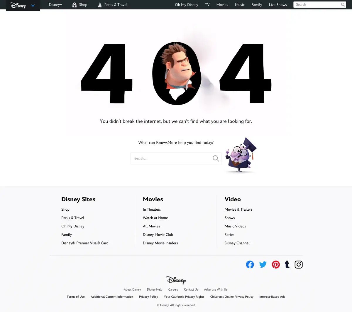 Screenshot of Disney's 404 error page, which features an image of Wreck-It Ralph from the movie Ralph Breaks the Internet.