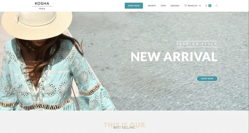 Screenshot of the desktop version of a website's homepage. The hero image at the top of the page is a woman wearing a wide-brimmed hat and a flow-y embroidered dress. 