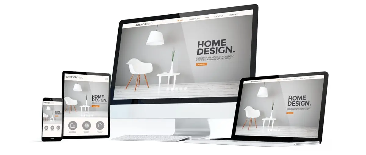 A desktop computer, laptop, iPad, and iPhone next to each other. All device screens are on a home design webpage showing a hero image of a mid century modern chair, lamp, and table. 