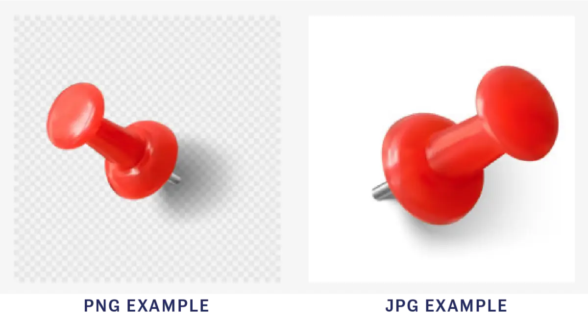 Two images of red thumbtacks. One is an example of an image in PNG format, and the other is in JPG format. 