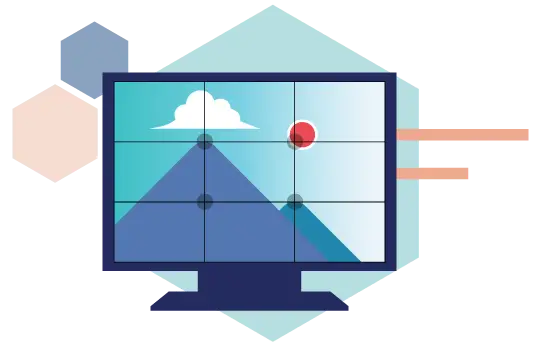 Graphic of a desktop screen with a grid on it demonstrating the rule of thirds. Graphic designed by Crystal Dove of Marketing Queen