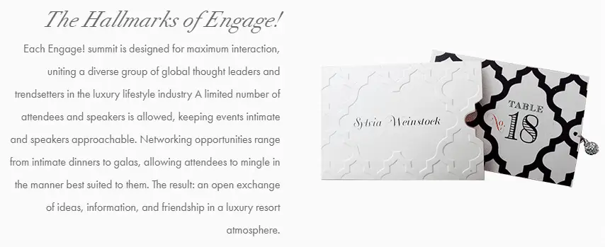 A graphic from Engage Summits containing to place setting cards and an explanation of how they bring their brand purpose of personal engagement into their company via their conferences for wedding industry professionals from around the world.