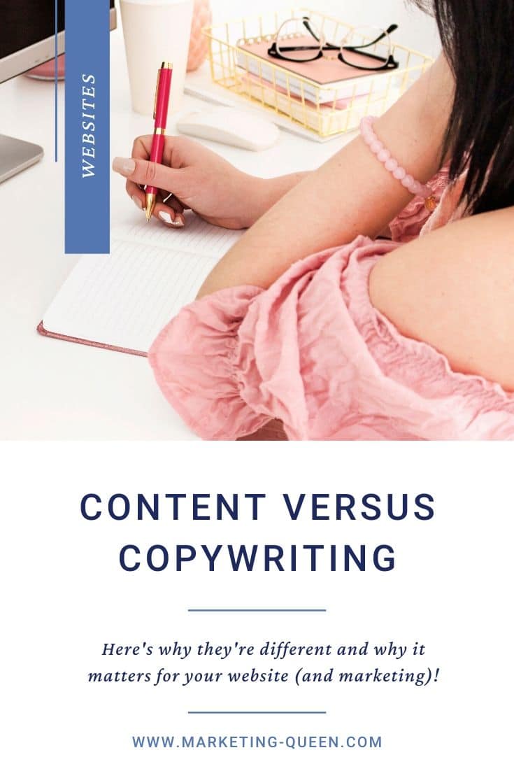 A woman writing in a notebook. Text under the image states "content versus copywriting: here's why they're different and why it matters for your website (and marketing)!