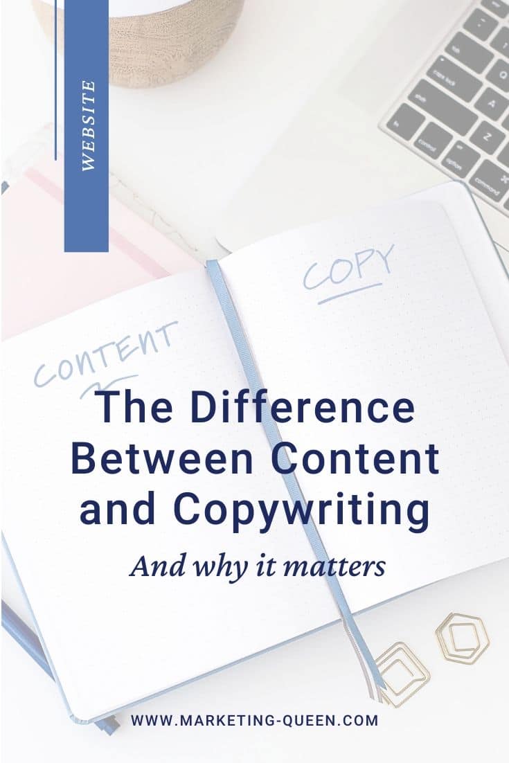 An open notebook with "content" written on one page and "copy" written on another page. Text over the image states, "The difference between content and copywriting and why it matters."