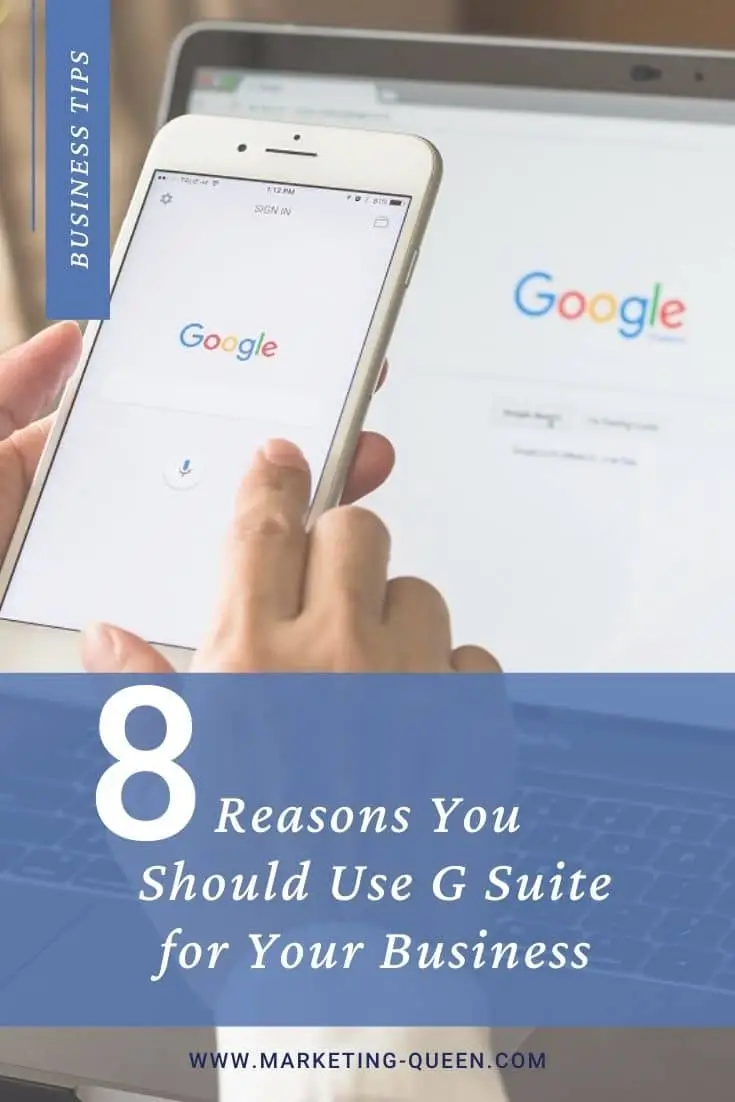 A person holding a smartphone with the Google homepage on the screen in front of a laptop screen that also has the Google homepage open on it. Text over the image states, "8 reasons you should use G Suite for your business."