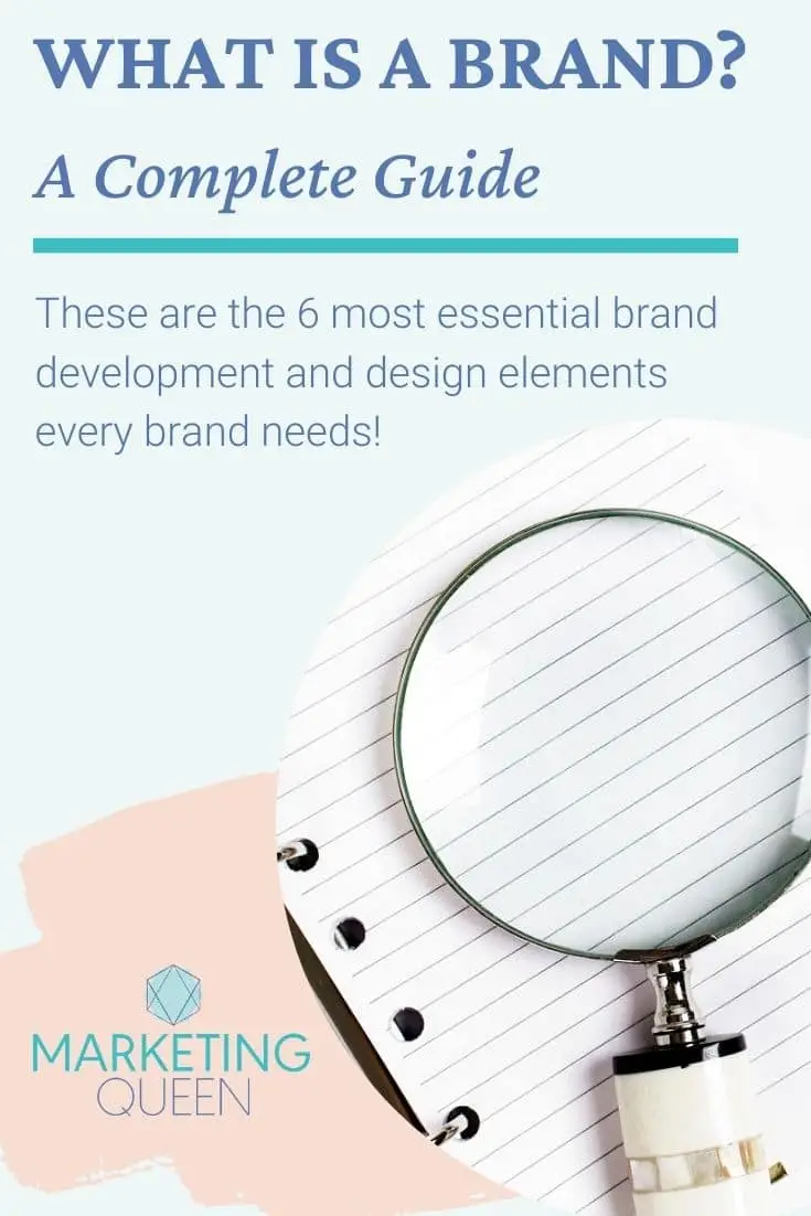 A Pinterest graphic with an image of a magnifying glass. Text overlay reads "What is a brand? A complete guide."