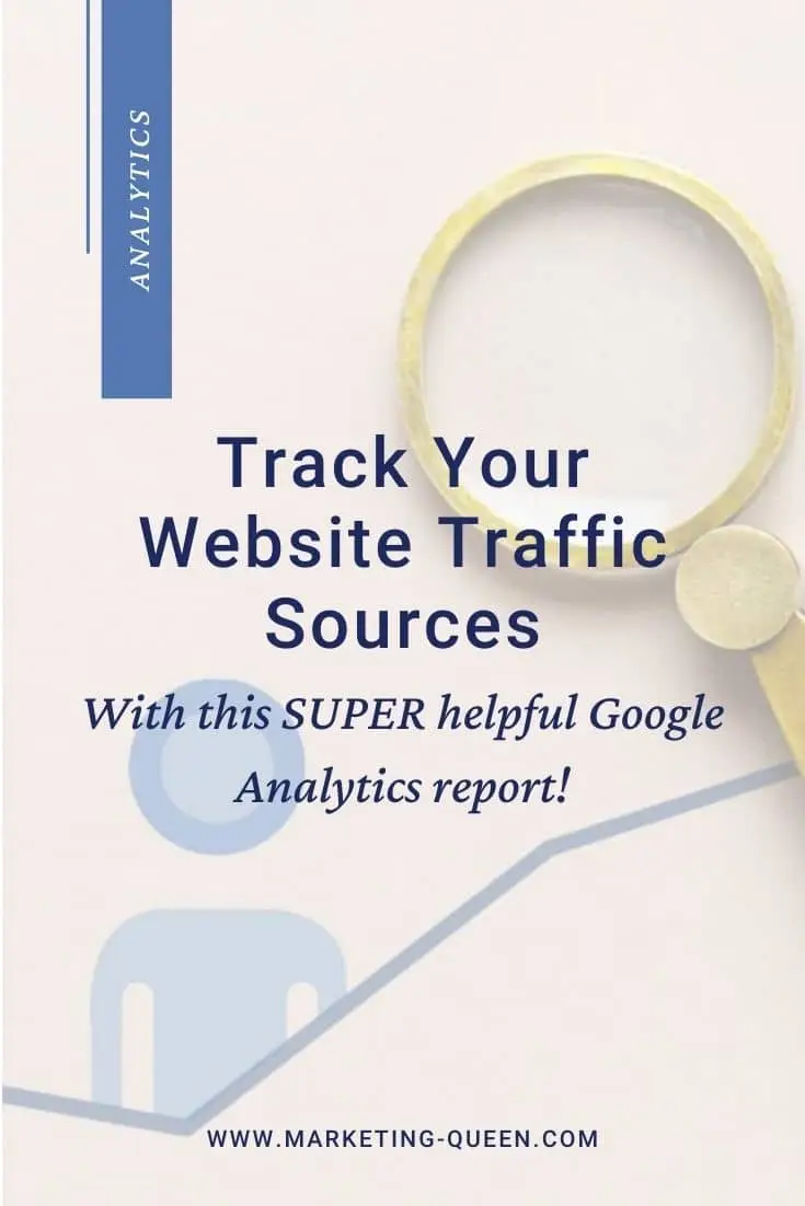 A graph with an icon of a person and a magnifying glass. Text overlay states, "Track your website traffic sources with this super helpful Google Analytics report."