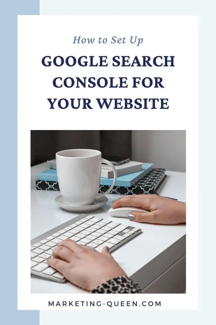 Hands on a keyboard and mouse with a mug and notebooks in the background. Text overlay: How to set up Google Search Console for your website