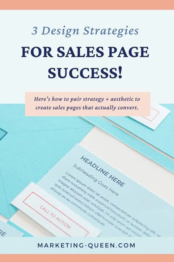Graphic of a sales page layout showing where a headline, body of text, and call to action should go. Text overlay: "3 design strategies for sales page success!"