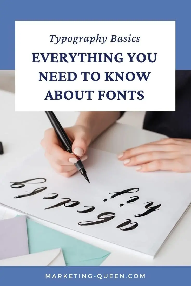 A Pinterest graphic of a woman hand lettering the alphabet in a cursive script on a notepad. Text overlay: "Typography basics: everything you need to know about fonts."