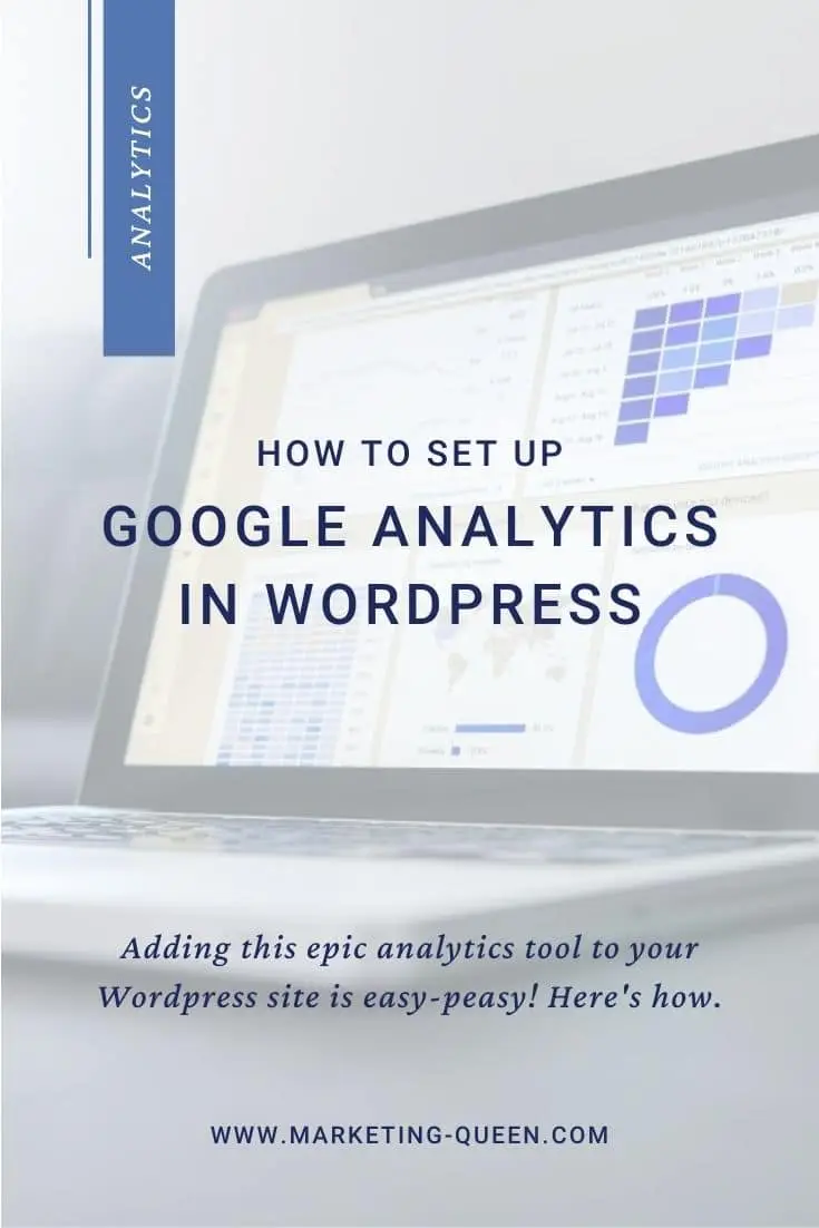 Google Analytics Dashboard on a Laptop Screen, text overlay "How to set up Google Analytics in WordPress".