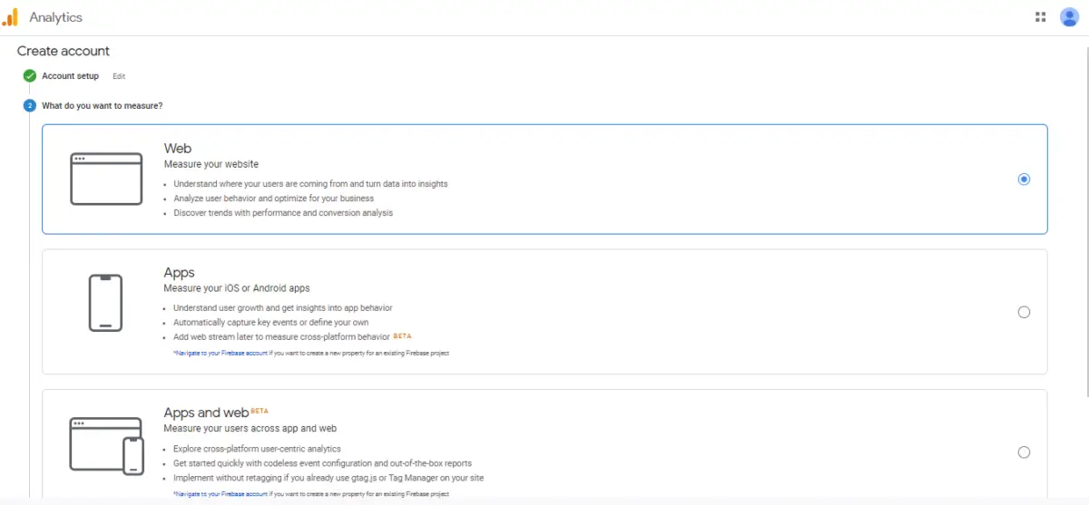 Screen shot of Google Analytics Account Setup Screen, "What do you want to measure?" section