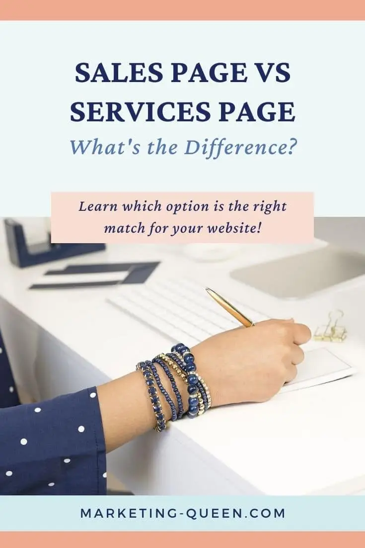 A hand typing next to a keyboard. Text overlay: "Sales page and services page. What's the difference?"