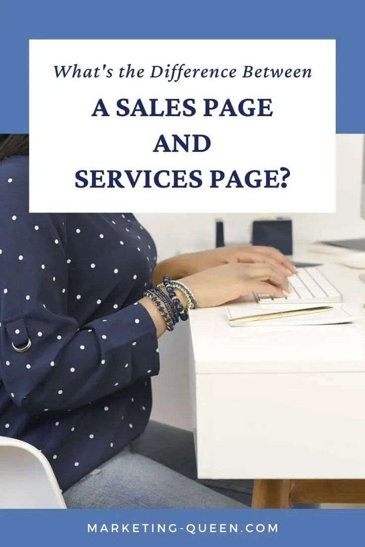 Hands typing on a keyboard. Text overlay: "what's the difference between a sales page and services page?"