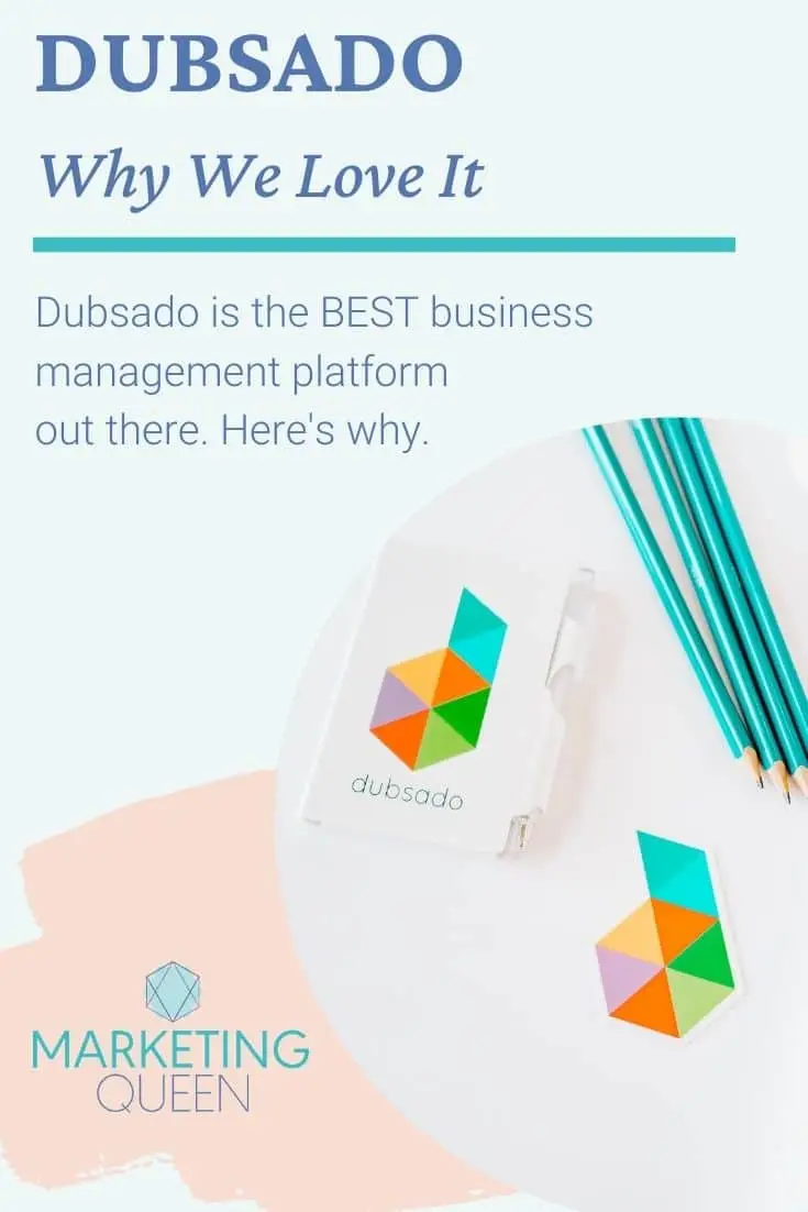 A Pinterest graphic with some office supplies with the Dubsado logo on them. Text overlay: "Dubsado, why we love it."