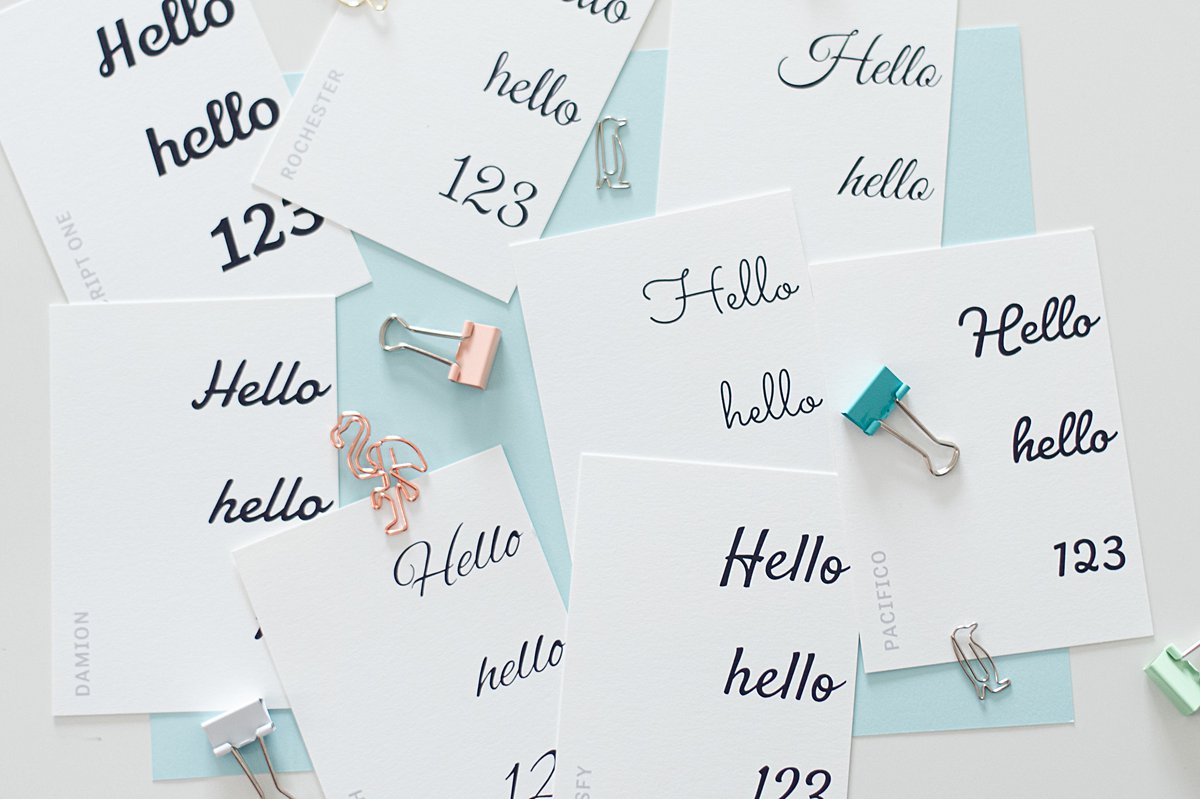 The word "hello" and "123" printed on various pieces of paper. Each paper has the words printed in a different font types.