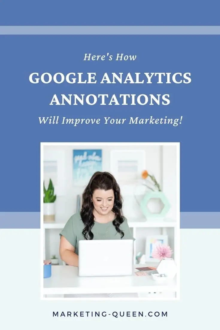 A Pinterest graphic featuring a woman typing on a laptop at a desk. Text overlay: "Here's How Google Analytics Annotations Will Improve Your Marketing!"