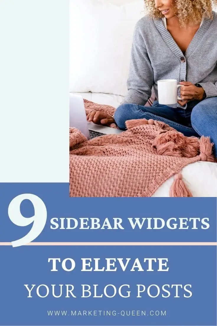 A woman holding a cup of coffee working on her laptop. Text overlay: 9 sidebar widgets to elevate your blog posts
