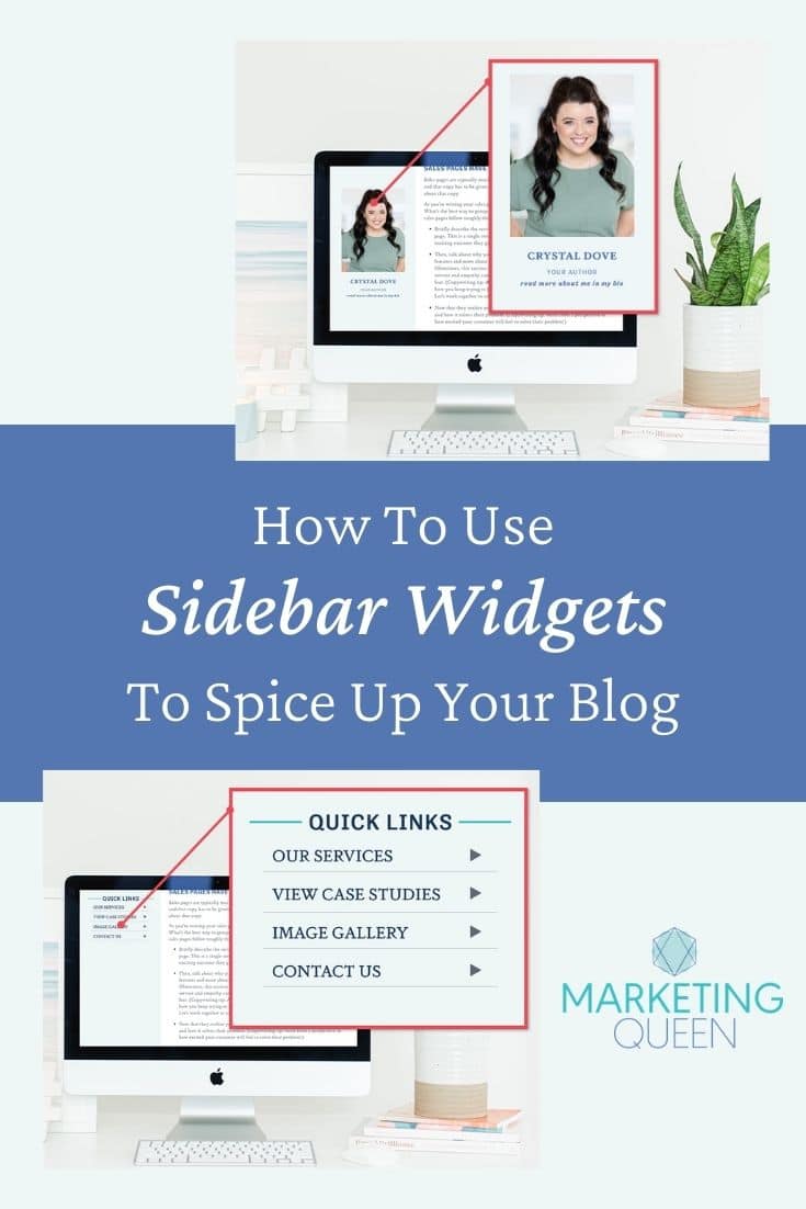 A graphic of a computer screen pinpointing a Quick Links sidebar widget on a blog post page; another computer screen pinpoints an author bio sidebar widget. Text overlay: How to use sidebar widgets to spice up your blog