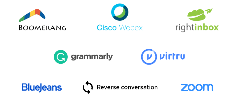 Graphic of various third part plugins that work with Kiwi, including Grammarly, Boomerang, Zoom, and BlueJeans 