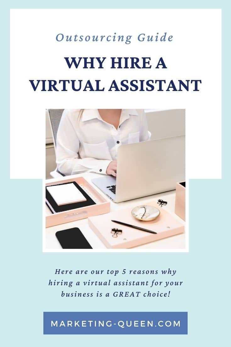 Pinterest graphic of a woman sitting at a desk working from her laptop. Text overlay: outsourcing guide - why hire a virtual assistant
