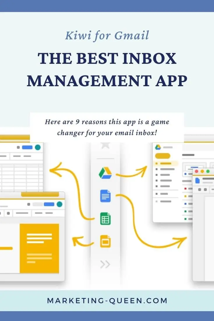 Pinterest graphic of a screenshot of Kiwi's app interface. Text overlay: Kiwi for Gmail: The best inbox management app