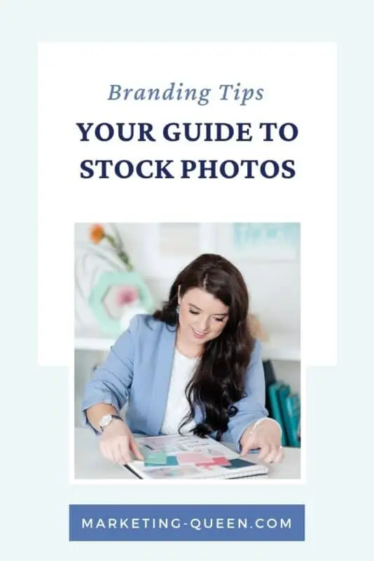 Pinterest graphic of Crystal looking at various stock photos while sitting at her desk. Text overlay: your guide to stock photos