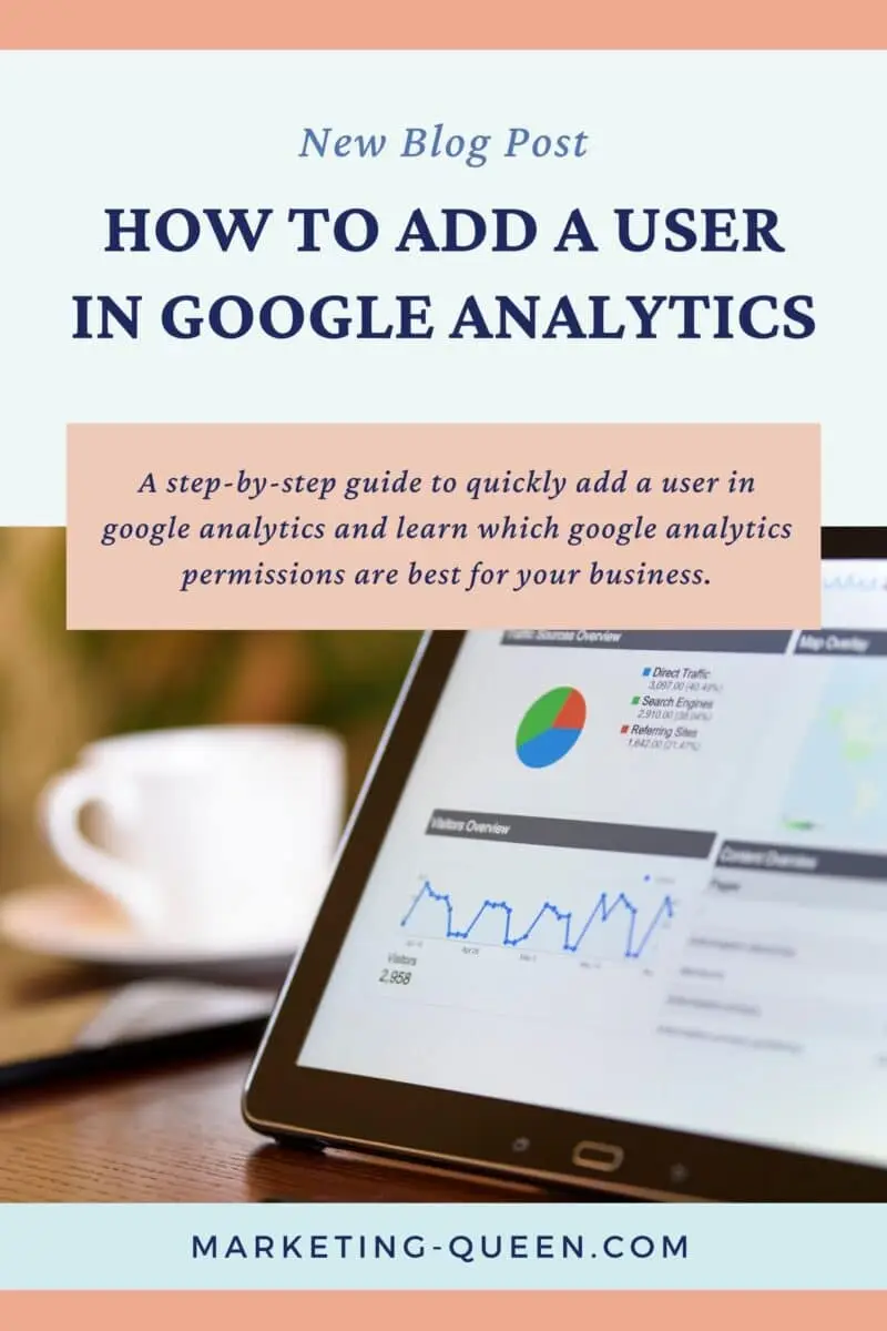 Pinnable Image with a computer displaying Google Analytics website. The words read How to Add a User in Google Analytics.