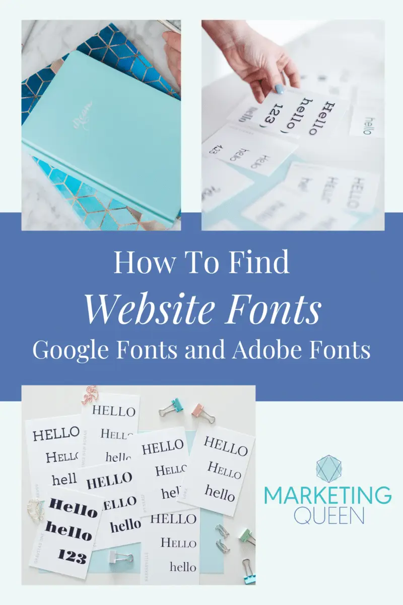 Pinterest Graphic that says How to find Website Fonts with Google Fonts and Adobe Fonts. There are blue layered squares on the graphic and photos of scattered cards that have fonts on them.