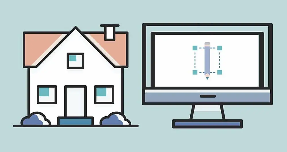 Graphic showing a house on the left and a computer monitor on the right. The monitor has a design on it with a pencil and outlined square indicating design.