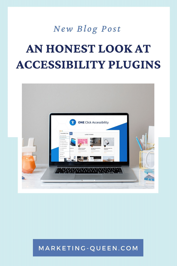 A blue graphic that has a photo of a computer with the One Click plugin website on the screen. There is a banner across the middle that says "New Blog Post - An Honest Look at WordPress Accessibility Plugins'