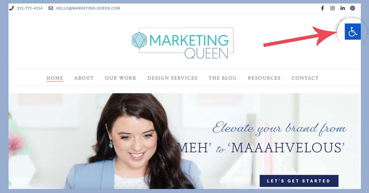 A screenshot of Marketing Queen's website from 2021, with the blue handicap symbol in the upper left corner signaling the accessibility control panel.