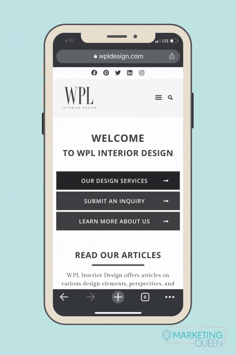 There is a mockup of a mobile phone centered on a blue background. The screen on the phone is scrolling down showing an example of an Instagram Welcome page at WPLDesign.com