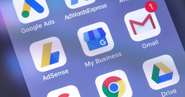 Google services, apps, and icons on the screen of a smartphone. What is G Suite? These apps are part of G Suite.