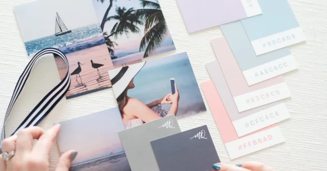 A flatlay of stock photos and color swatches for a brand