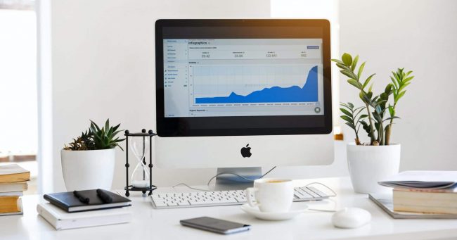 A white desk with white desk accessories, and a computer displaying Google Analytics website.