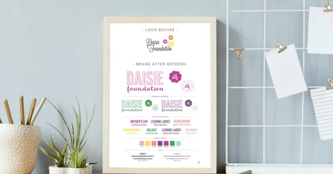 A brand board, including a company's logo, alternate designs, brand colors, fonts, and mood board. Propped up against a wall on top of a desk next to some potted plants and a notebook.