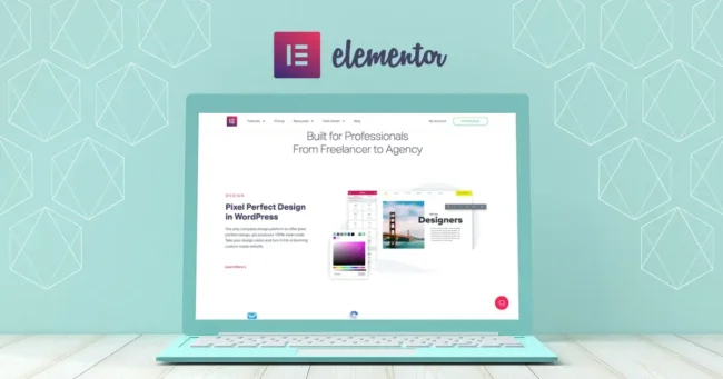 Image of a laptop open with the screen showing the Elementor website homepage